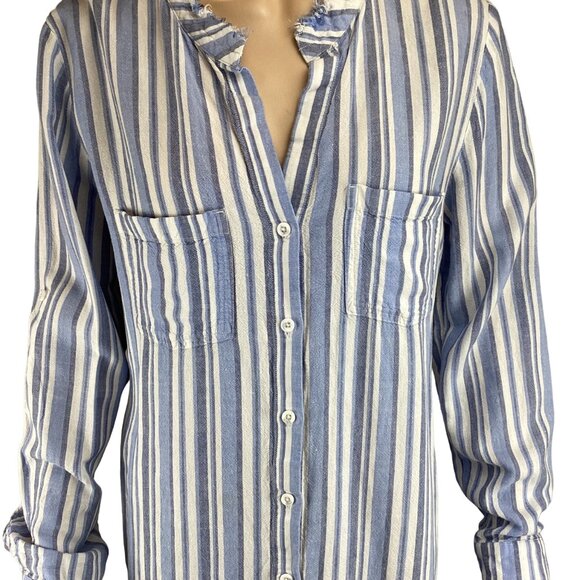 Cloth & Stone Anthropologie Dress Tunic Size Medium Striped Frayed Linen Blend - Picture 5 of 10